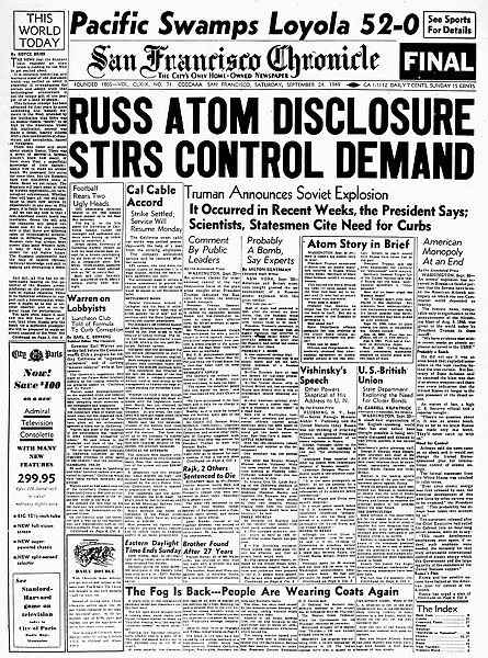 Front page of the San Francisco Chronicle, 24 September 1949, reporting on President Harry Trumans announcement the previous day that the Soviet Union had successfully tested an atomic weapon within recent weeks