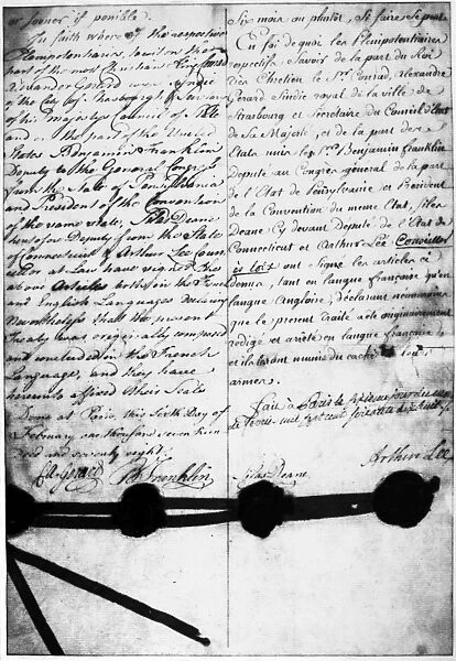 Last page of the Treaty of Alliance between France and the United States, concluded in Paris, 6 February 1778, and bearing the signatures of Benjamin Franklin, Silas Deane, and Arthur Lee