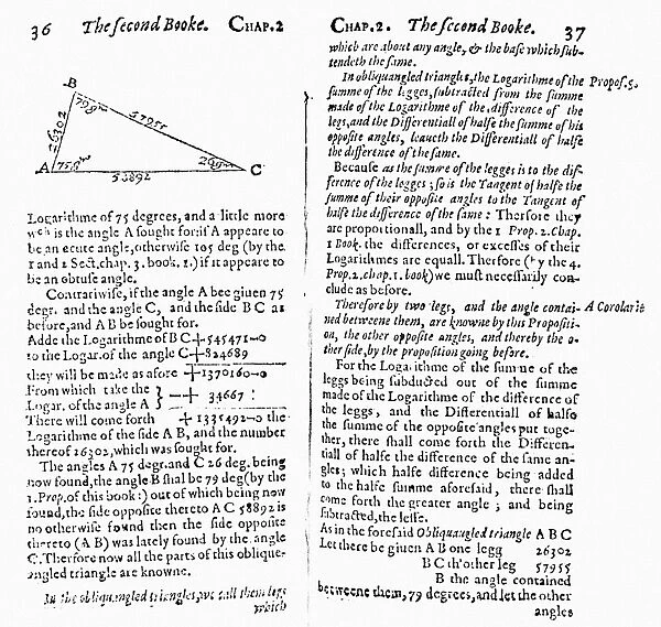 Two pages from his Mirifici Logarithmorum Canonis Discriptio, Edinburgh, 1614, on the invention of logarithms