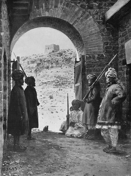PAKISTAN: FORT, 1897. Afridis, a Pashtun tribe, at the gate of Ali Musjid, the