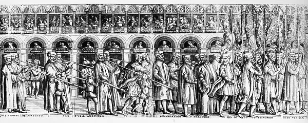 PALM SUNDAY PROCESSION. Palm Sunday procession led by the Doge of Venice. Line engraving, 1560s
