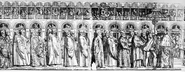 PALM SUNDAY PROCESSION. Palm Sunday procession led by the Doge of Venice. Line engraving, 1560s