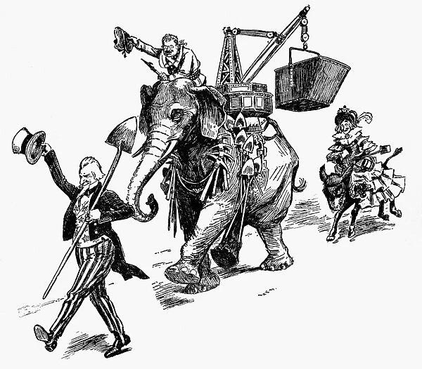 PANAMA CANAL CARTOON, 1903. On to Panama! American cartoon, 1903, showing Uncle Sam leading a country united behind President Theodore Roosevelt to begin construction on the Panama Canal
