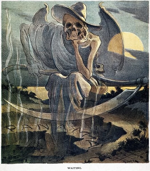 PANAMA CANAL CARTOON, 1904. Death waiting in the fever-ridden swamps for the builders of the Panama Canal. American cartoon, 1904, by Joseph