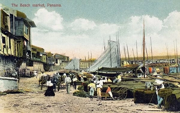 PANAMA CITY: BEACH MARKET. The fish market in Panama City, Panama, on the Pacific Ocean. Postcard, c1910