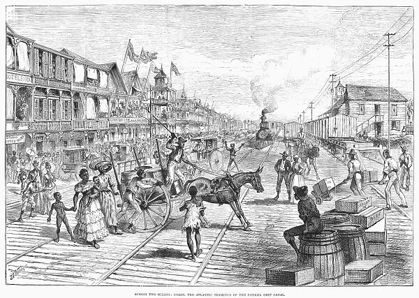 PANAMA RAILWAY, 1888. Scene at the railway station in Colon, Panama, the Atlantic terminus of the Panama Railway, connecting the Atlantic and Pacific oceans. Wood engraving, English, 1888
