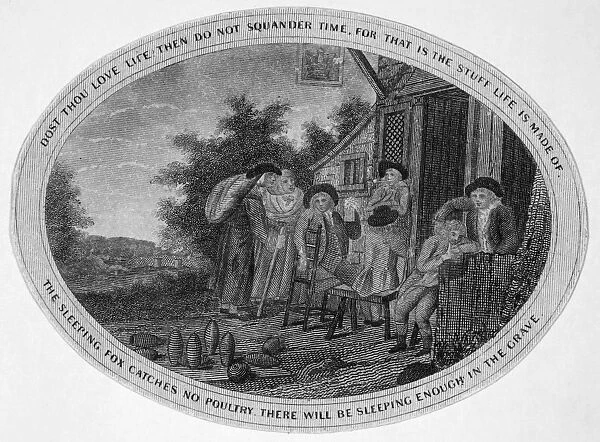 Panel from an engraving, c1800, for Benjamin Franklins Poor Richard Illustrated, with the motto Dost Thou Love Life? Then Do Not Squander Time, For That Is The Stuff Life Is Made Of