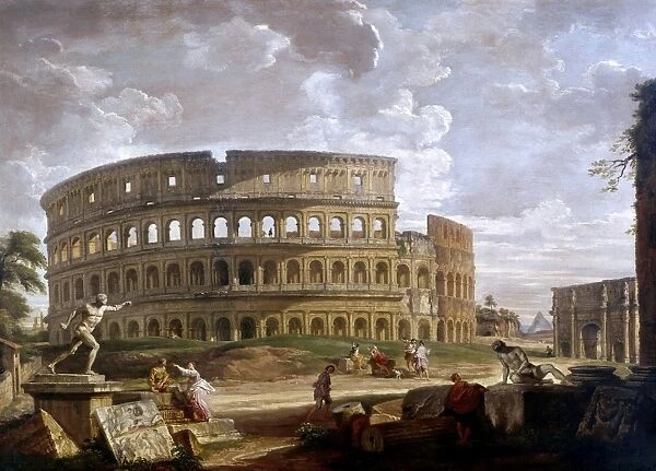 PANNINI: COLOSSEUM. The Colosseum and the Arch of Constantine in Rome. Oil on canvas by Giovanni Paolo Pannini, 18th century