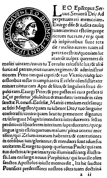 PAPAL BULL AGAINST LUTHER. The first page of the Bull Against Luther and Followers