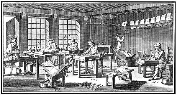 PAPER, 18TH CENTURY. Workers making marbled paper by placing it on top of water