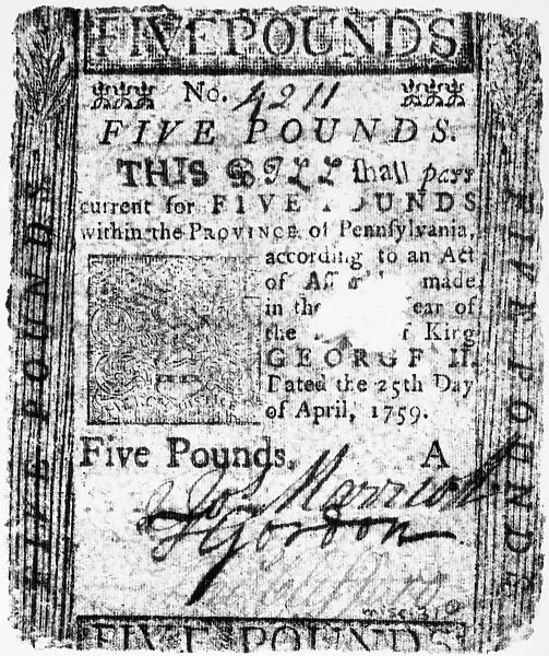 PAPER CURRENCY, 1759. Five pound paper bill issued in Philadelphia, 1759