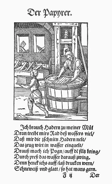 PAPER MAKER, 1568. The Paper maker, in his water-driven mill, makes smooth white