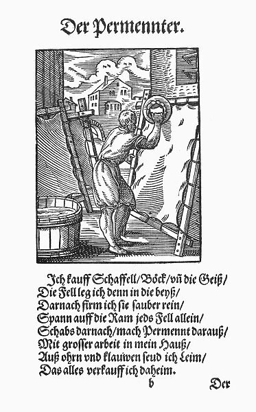 PARCHMENT MAKER, 1568. The Parchment Maker places sheep and goat skins in lime