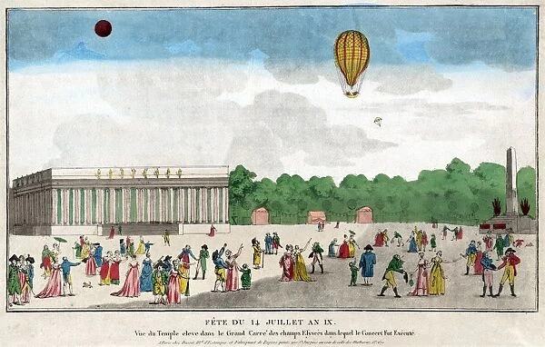 PARIS: BASTILLE DAY, c1801. The celebration of Bastille Day, 14 July, on the Avenue des Champs Elysees with spectators watching a balloon ascension in Paris, France. Etching, c1801