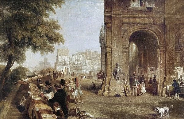 PARIS: BOOK STALLS, 1843. 6 Quai Conti. Oil on canvas by William Parrott, 1843, showing the book stalls along the Seine River in Paris, France