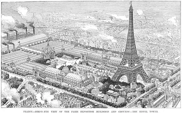 PARIS EXPOSITION, 1889. Bird s-eye view of the Eiffel Tower and the grounds of the Paris Exposition of 1889. Line engraving, 1889