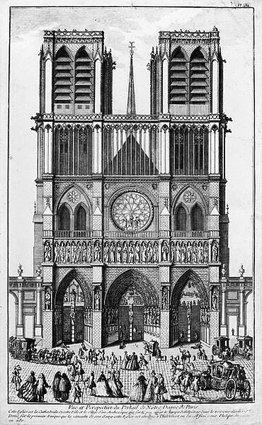PARIS: NOTRE DAME, 1748. The facade of Notre Dame Cathedral in Paris, France. Line engraving, 1748