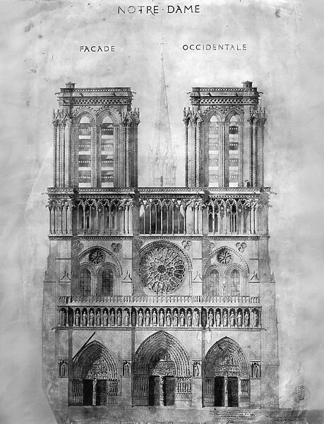 PARIS: NOTRE DAME, 1848. The western facade of Notre Dame cathedral in Paris, France. Wash drawing by Eugne Viollet-le-Duc, who led the restoration of the cathedral, which began in 1845