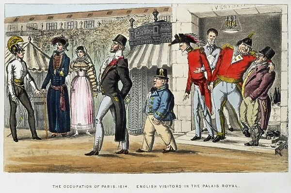 PARIS OCCUPATION, 1814. The Occupation of Paris, 1814. English Visitor in the Palais Royal, from a French point of view. Satirical 19th century English aquatint