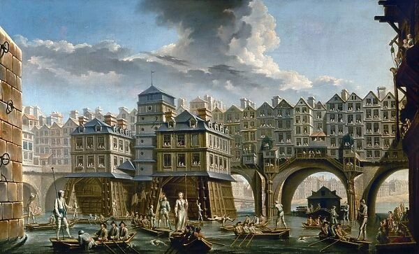 PARIS: PONT NOTRE-DAME. A festival of sailors games on the Seine at Pont Notre-Dame, Paris, France. Oil on canvas, 1751, by Nicolas Jean-Baptiste Raguenet