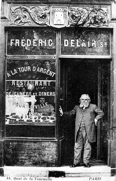 PARIS: RESTAURANT, 1890s. Fr d ric Delair at the entrance to his restaurant, La Tour d Argent, in Paris, France. Photograph, c1890s