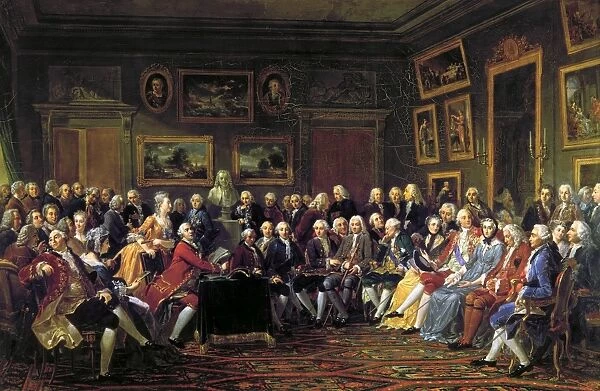 PARIS: SALON, 1755. A group of artists and writers listen to the first reading of the play the Chinese Orphan by Voltaire at the salon of Marie Therese Rodet Geoffrin, Hotel Rambouillet, Paris. Oil on canvas, c1814, by Anicet-Charles-Gabriel Lemonnier