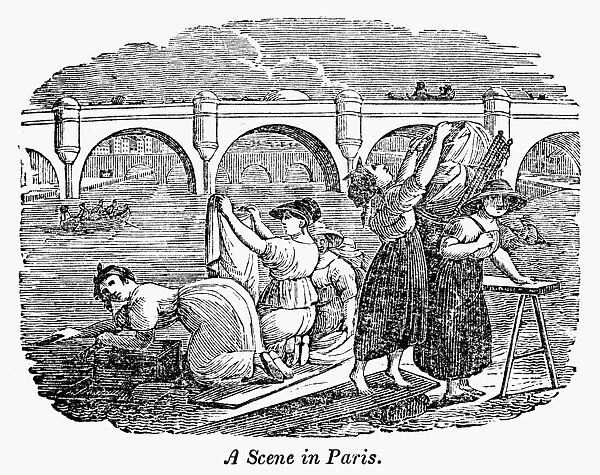 PARIS: SEINE RIVER, 1830s. Women washing laundry on the bank of the Seine. Wood engraving, American, from Samuel Griswold Goodrichs A Pictorial Geography of the World, 1840