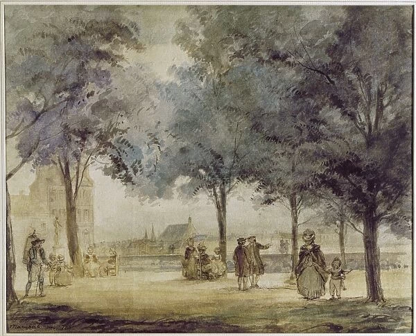 PARIS: TUILERIE GARDENS. The terrace overlooking the Seine River in the Tuilerie Gardens. Watercolor, French, by Mar chal, 1786