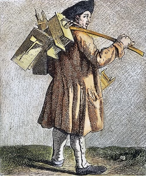 PARISIAN EXTERMINATOR. A Parisian street-crier offering to catch rats: French colored engraving, c1740