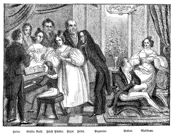 PARISIAN SALON. A Parisian salon of the 1830s with Heinrich Heine, Johann Peter Pixis, Fran├ºois Joseph Fetis, Nicolo Paganini, Vincenzo Bellini, and Maria Malibran. Contemporary lithograph