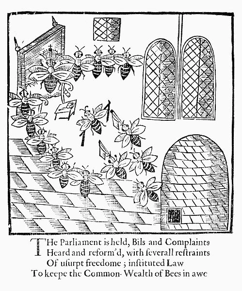 PARLIAMENT OF BEES. Woodcut from the frontispiece to an edition of John Days play
