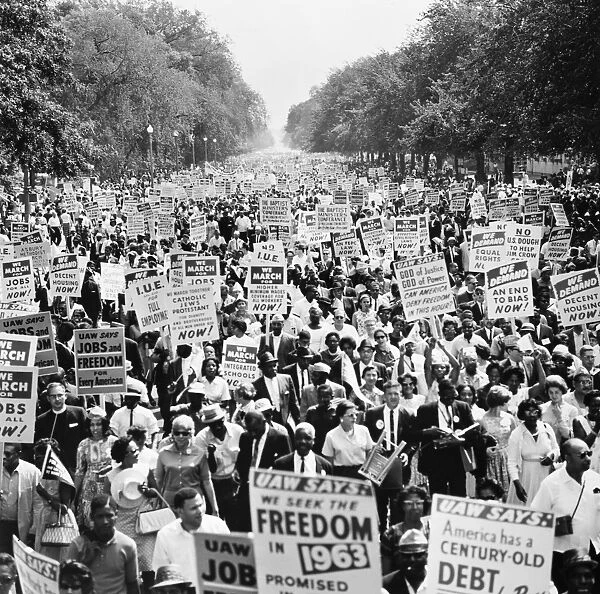 Participants in the March on Washington for Jobs and Freedom, 28 August 1963, marching up Constitution Avenue to the Lincoln Memorial