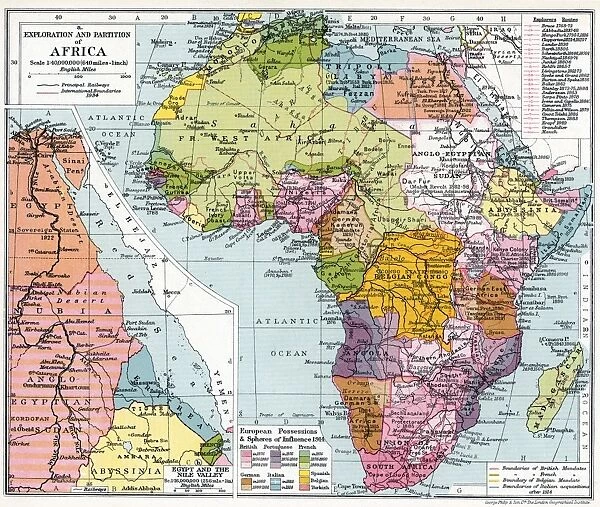 PARTITIONED AFRICA, 1914. Map of Africa, English, 1934, with colors indicating European possessions in 1914
