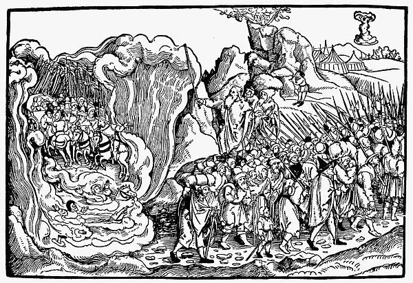 PASSAGE OF THE RED SEA. Moses leading the Israelites across the Red Sea. German woodcut