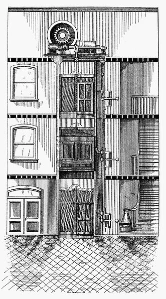 PASSENGER ELEVATOR, 1883. Passenger elevator with automatic stop feature. Line engraving