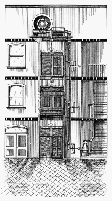 Framed Print : PASSENGER ELEVATOR, 1883. Passenger elevator with automatic stop feature. Line engraving