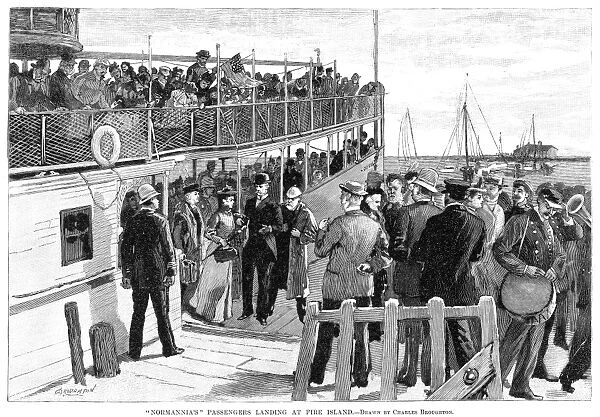Passengers from the cholera-stricken liner, S. S. Normannia, entering quarantine at Fire Island, New York. Wood engraving, American, 1892