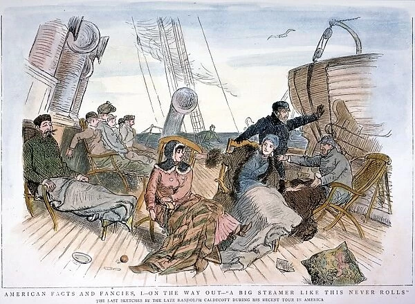 PASSENGERS ON STEAMSHIP. Passengers on the deck of a transatlantic steamship: wood engraving, 1886, after a drawing by Randolph Caldecott