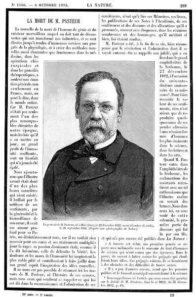 PASTEURs OBITUARY, 1895. Louis Pasteurs obituary in the French scientific journal La Nature, 1895