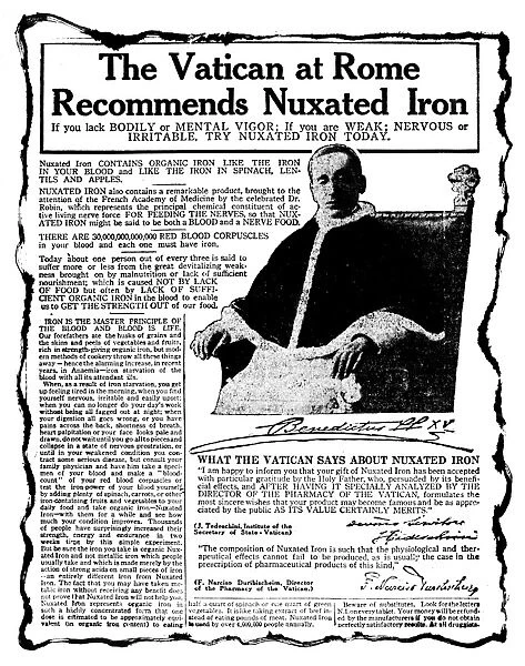 PATENT MEDICINE AD, C1920. American advertisement for nuxated iron, with an endorsement