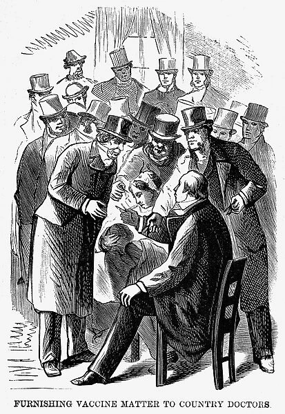 Patient furnishing vaccine matter to country doctors. Line engraving, 1870