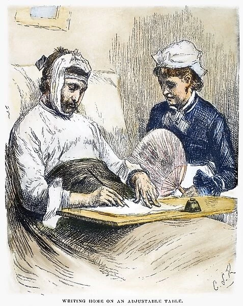A patient in a New York City hospital writes a letter home on an adjustable table. Wood engraving, 1878, after Charles Stanley Reinhart