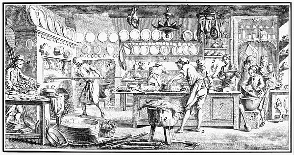 PATISSERIE, 18th CENTURY. A patisserie specializing in game pies. Line engraving, French, 18th century