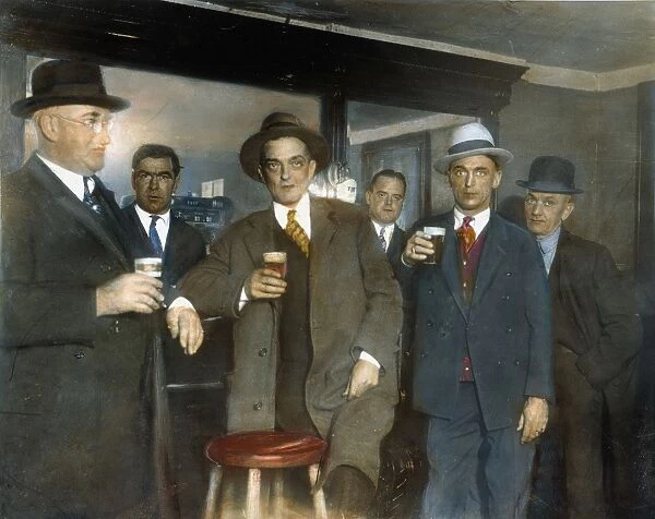 Patrons of an unidentified American speakeasy during Prohibition in the 1920s: oil over a photograph