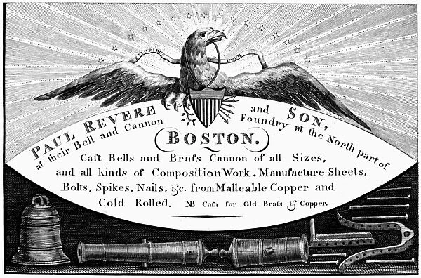 PAUL REVERE: TRADE CARD. Merchant trade card for Paul Revere and Son, at their Bell and Cannon Foundry at the North part of Boston. Line engraving, American, late 18th century