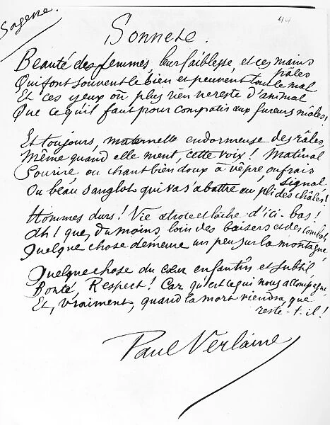 PAUL VERLAINE (1844-1896). French poet. Manuscript page from La Sagesse, first