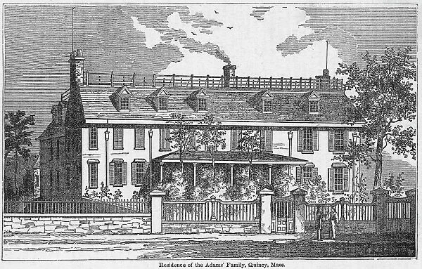 Peacefield, or the Old House, the Adams home in Quincy, Massachusetts, residence of President John Adams from 1788 until his death in 1826 and subsequently passed on to his son, President John Quincy Adams, and their heirs. Wood engraving, American, 19th century