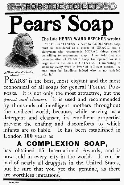 PEARS SOAP AD, 1889. American magazine advertisement, 1889