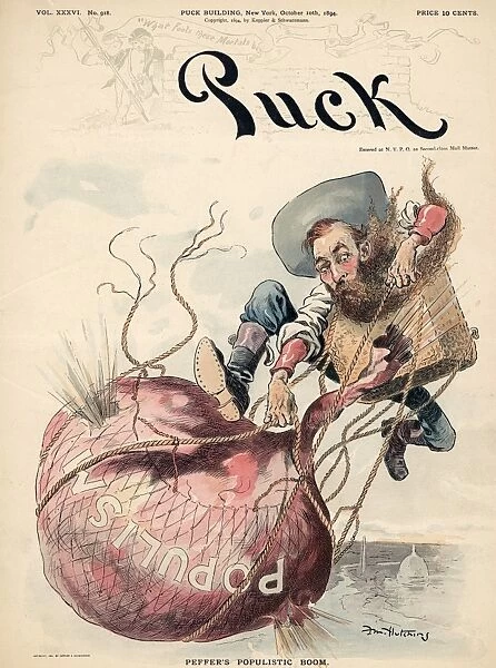 Peffers Populistic Boom. American cartoon by F. M. Hutchins for the front page of Puck, 10 October 1894, showing Populist Senator William Alfred Peffer of Kansas rapidly losing altitude over Washington, D. C. as his punctured Populism balloon deflates