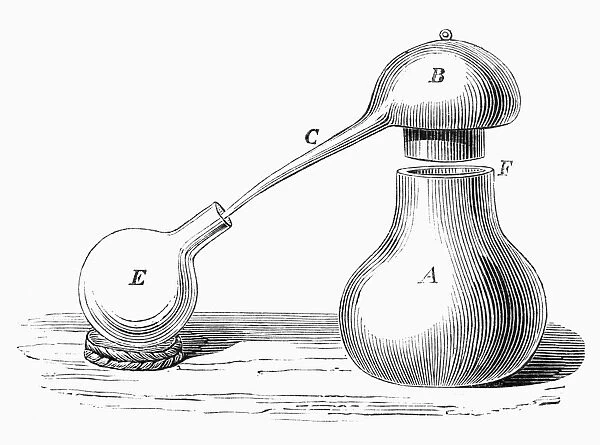 The Pelican distillation device used by Medieval alchemists. French line engraving, 19th century
